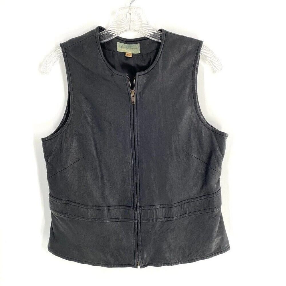 Rem Garson Womens Leather Vest Full Zip Black Biker Moto Size Petite‎ Large